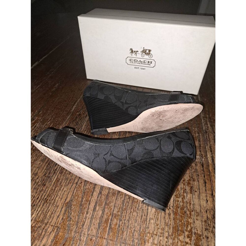 9.5B Coach Black Thea Wedge High Heel Peep Toe Signature Dress Shoes w Box - Picture 7 of 9